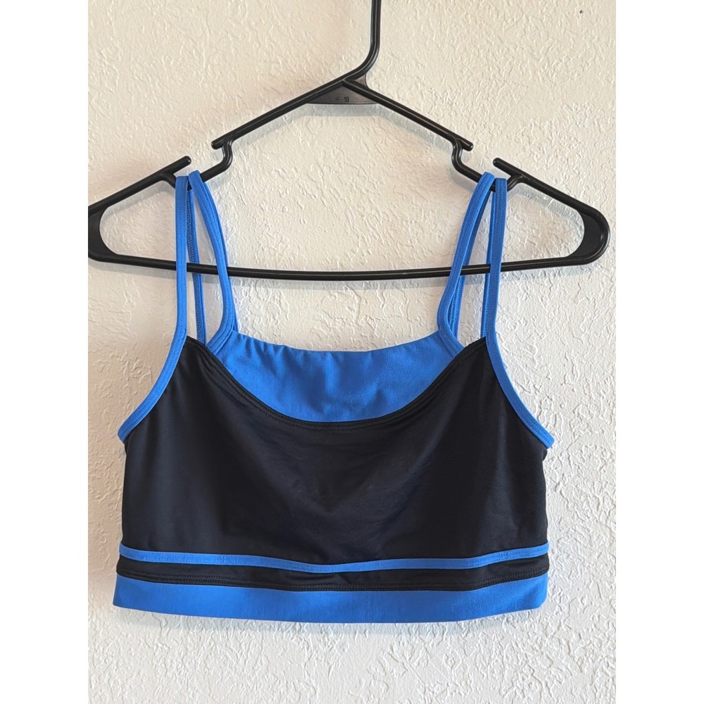 Vintage Blue Black Colorblock Double Strap Athletic Crop Top Large Made in USA